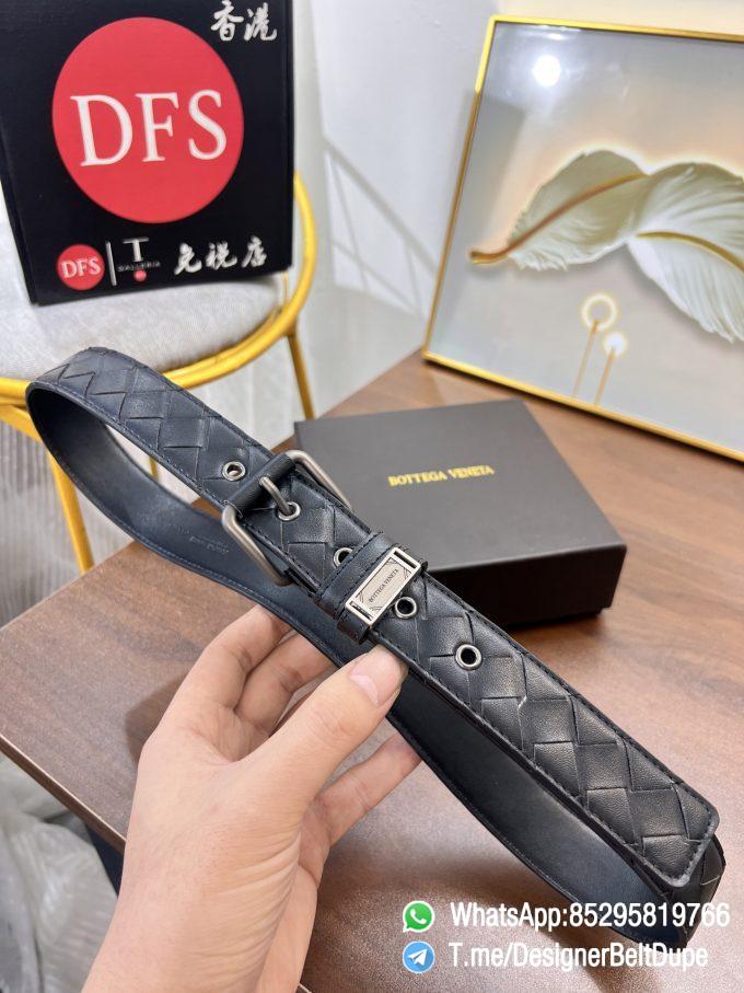 Designer Belt Dupe Black 35mm Silver Sand Blast Prong Buckle Weaving Pattern Calf Skin Belt 01