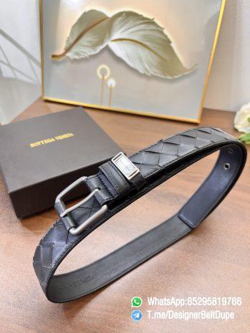 Designer Belt Dupe Black 35mm Silver Sand Blast Prong Buckle Weaving Pattern Calf Skin Belt 02