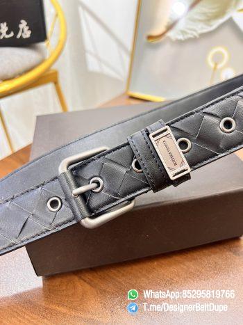Designer Belt Dupe Black 35mm Silver Sand Blast Prong Buckle Weaving Pattern Calf Skin Belt 03