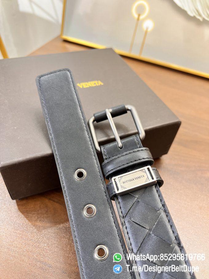 Designer Belt Dupe Black 35mm Silver Sand Blast Prong Buckle Weaving Pattern Calf Skin Belt 04