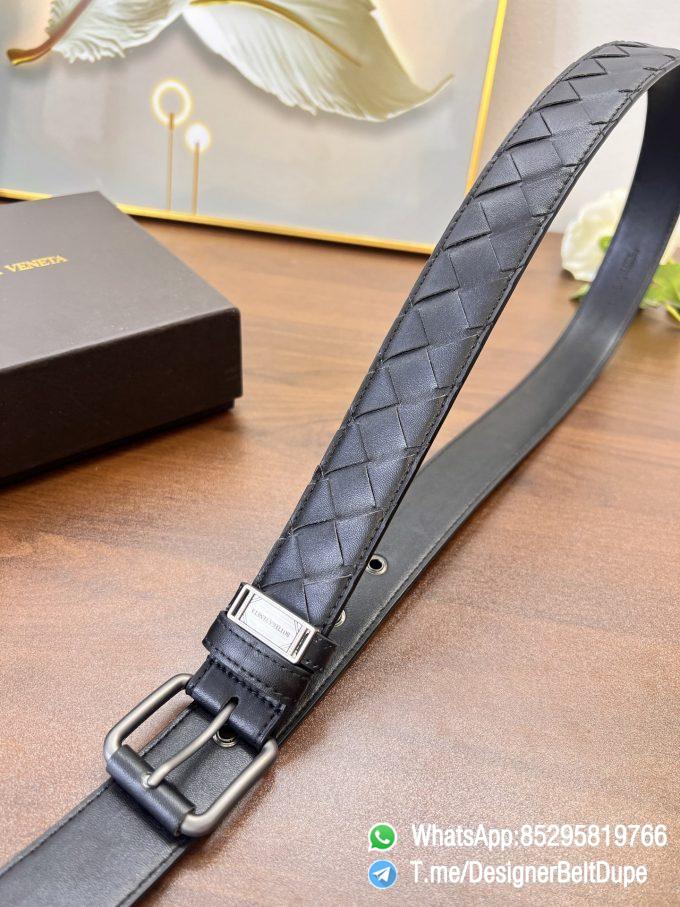 Designer Belt Dupe Black 35mm Silver Sand Blast Prong Buckle Weaving Pattern Calf Skin Belt 05
