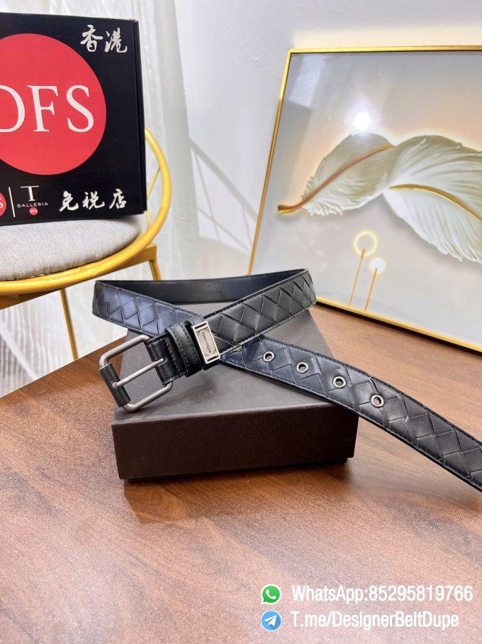 Designer Belt Dupe Black 35mm Silver Sand Blast Prong Buckle Weaving Pattern Calf Skin Belt 06