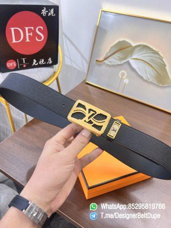 Designer Belt Dupe Black 38 mm Yellow Gold PVD Inner through Box Frame Buckle Palm grain Leather Belt 01