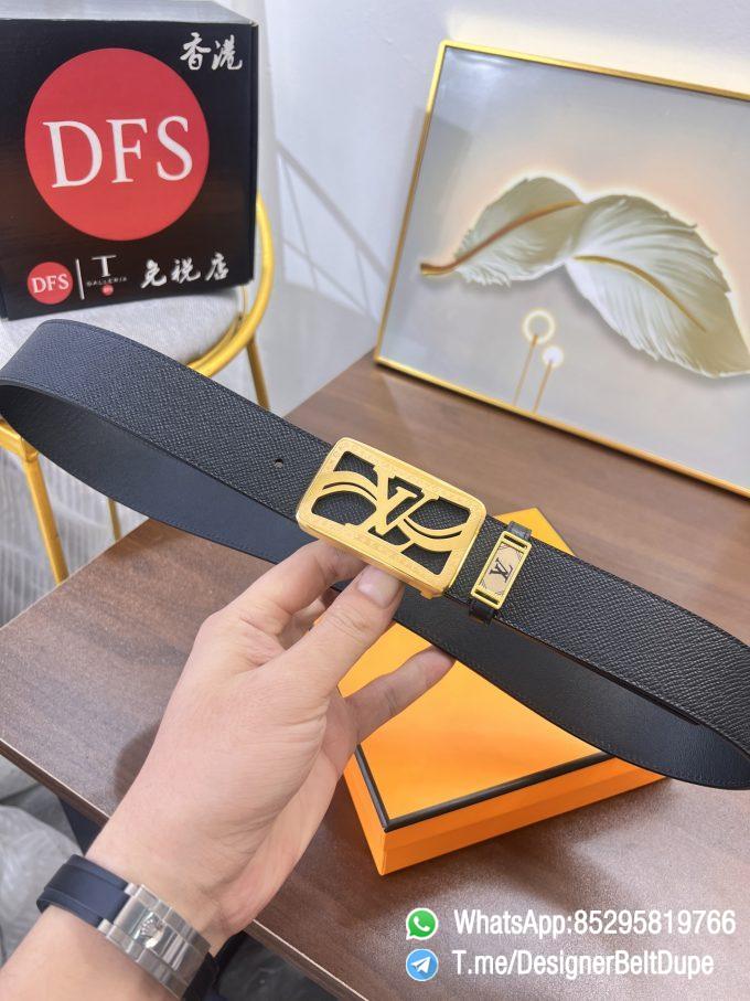 Designer Belt Dupe Black 38 mm Yellow Gold PVD Inner through Box Frame Buckle Palm grain Leather Belt 01