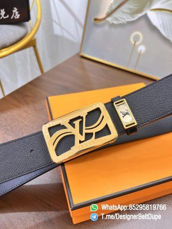 Designer Belt Dupe Black 38 mm Yellow Gold PVD Inner through Box Frame Buckle Palm grain Leather Belt 02