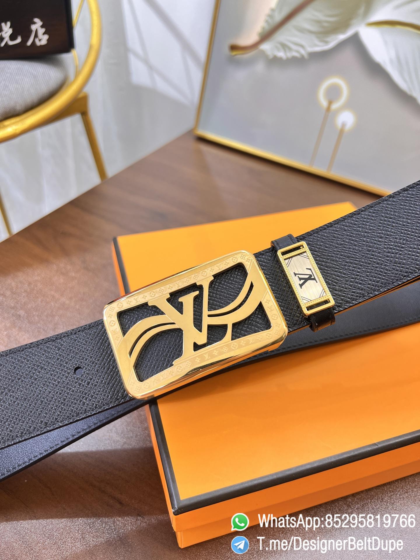 Designer Belt Dupe Black 38 mm Yellow Gold PVD Inner through Box Frame Buckle Palm grain Leather Belt 02 Designer Belt Dupe Black 38 mm Yellow Gold PVD Inner through Box Frame Buckle Palm grain Leather Belt 02
