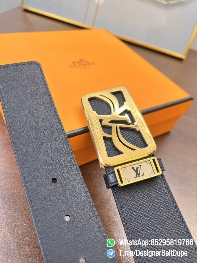 Designer Belt Dupe Black 38 mm Yellow Gold PVD Inner through Box Frame Buckle Palm grain Leather Belt 03