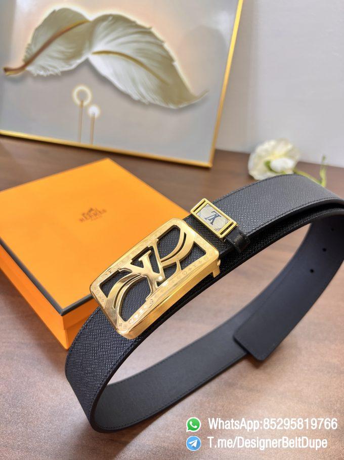 Designer Belt Dupe Black 38 mm Yellow Gold PVD Inner through Box Frame Buckle Palm grain Leather Belt 04