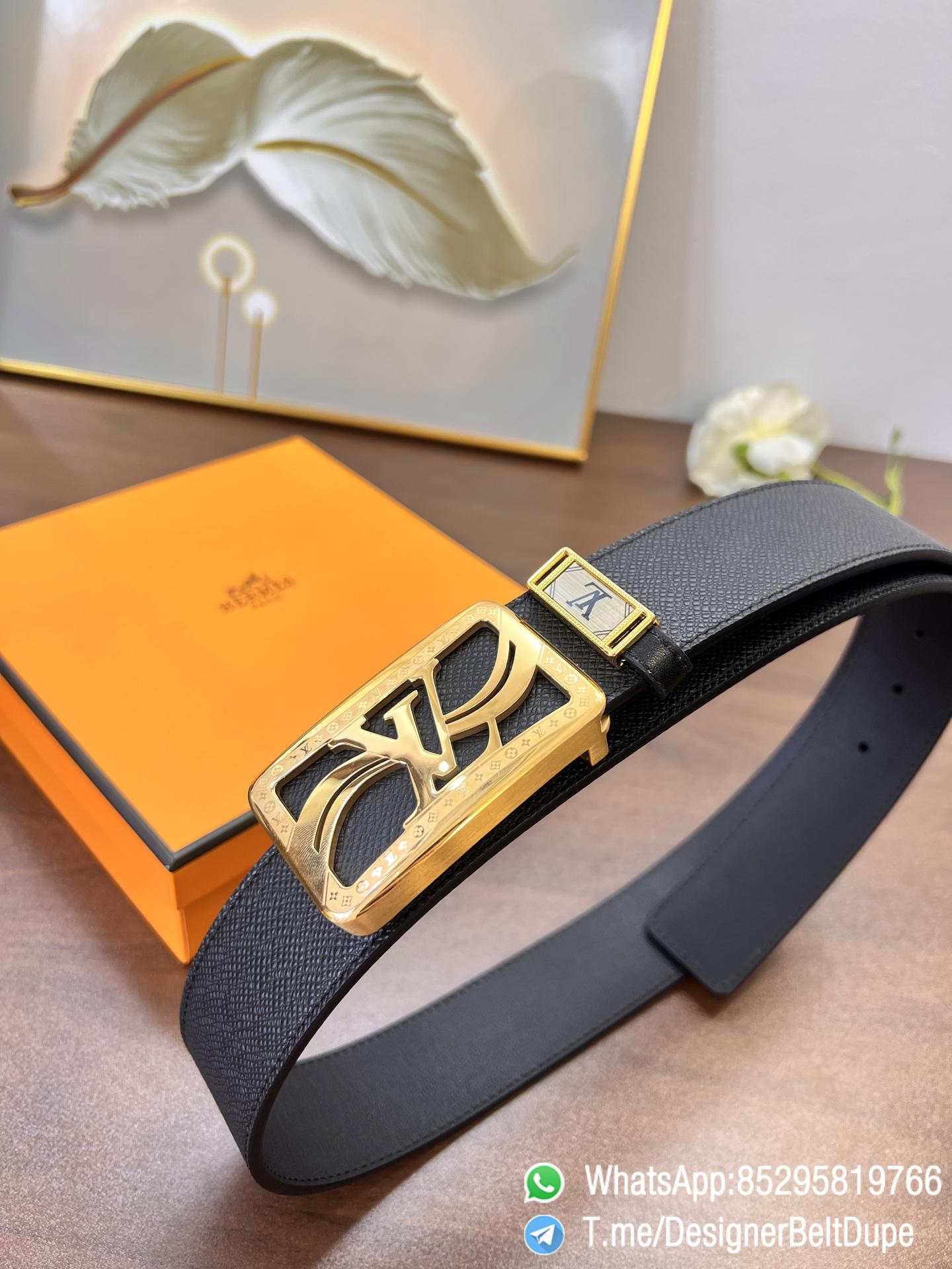 Designer Belt Dupe Black 38 mm Yellow Gold PVD Inner through Box Frame Buckle Palm grain Leather Belt 04 Designer Belt Dupe Black 38 mm Yellow Gold PVD Inner through Box Frame Buckle Palm grain Leather Belt 04