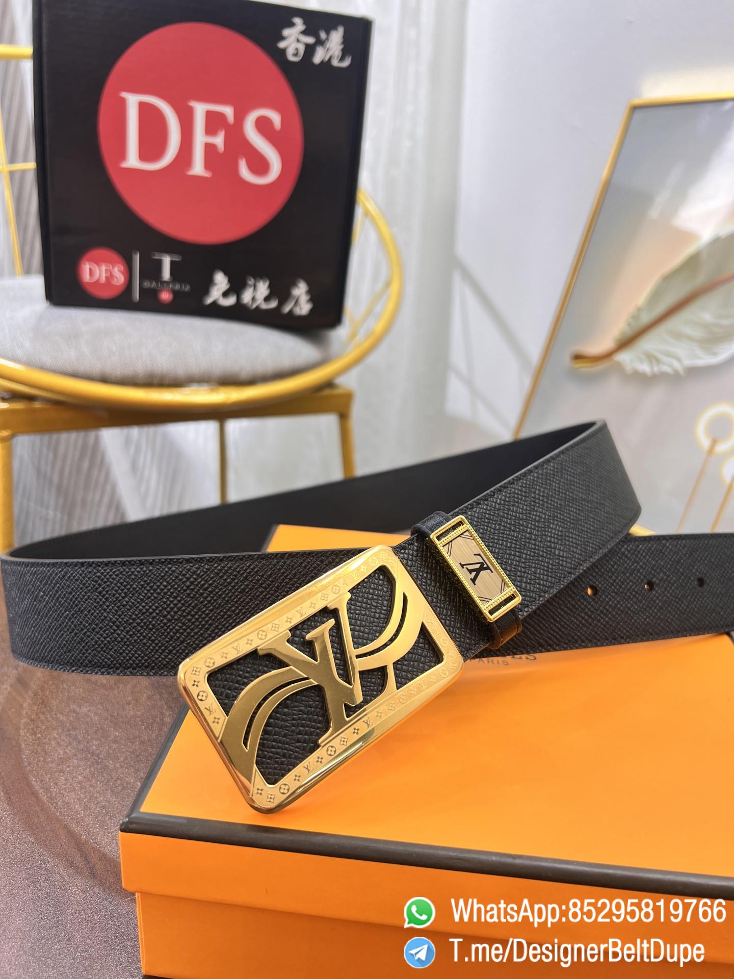 Designer Belt Dupe Black 38 mm Yellow Gold PVD Inner through Box Frame Buckle Palm grain Leather Belt 05 Designer Belt Dupe Black 38 mm Yellow Gold PVD Inner through Box Frame Buckle Palm grain Leather Belt 05