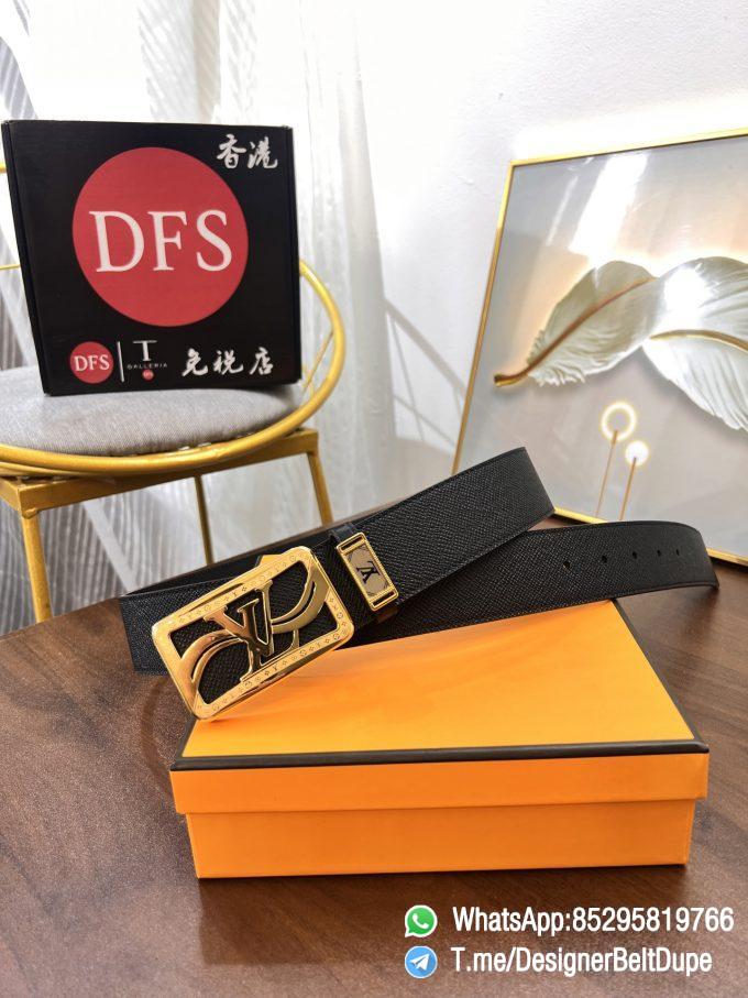 Designer Belt Dupe Black 38 mm Yellow Gold PVD Inner through Box Frame Buckle Palm grain Leather Belt 06