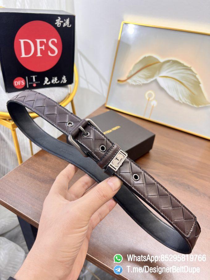 Designer Belt Dupe Brown 35mm Silver Sand Blast Prong Buckle Weaving Pattern Calf Skin Belt 1