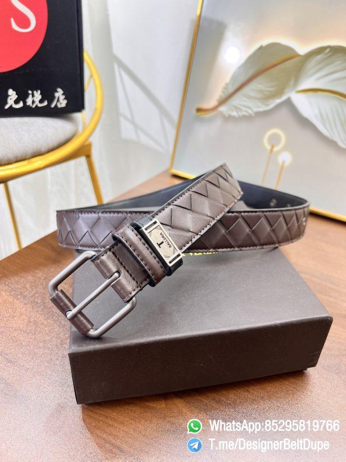 Designer Belt Dupe Brown 35mm Silver Sand Blast Prong Buckle Weaving Pattern Calf Skin Belt 3