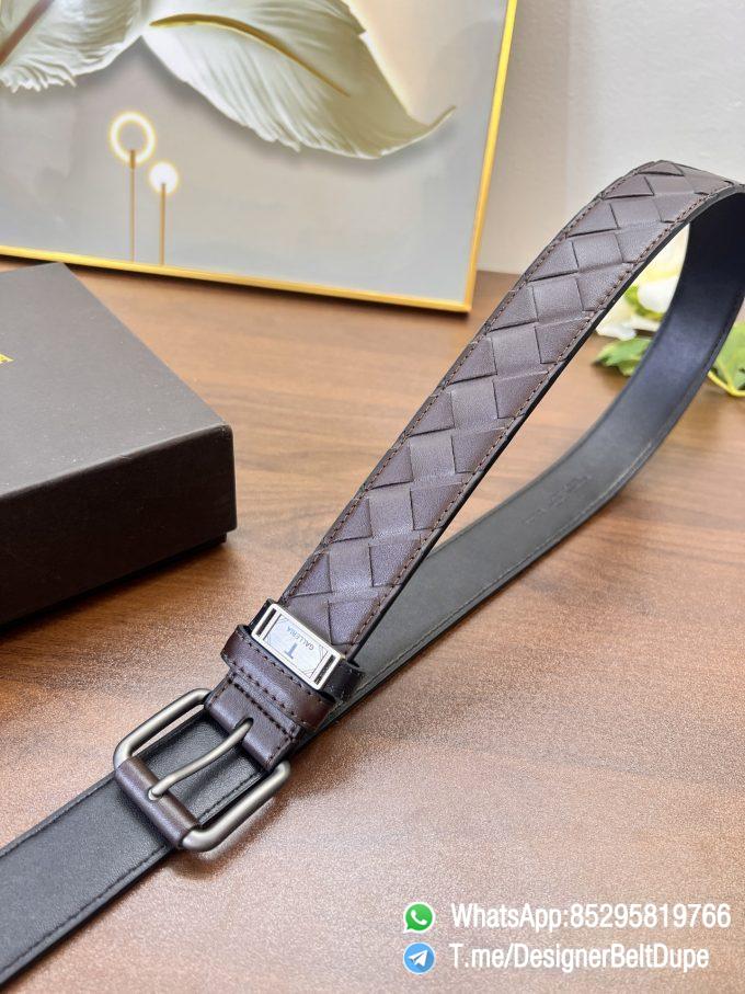 Designer Belt Dupe Brown 35mm Silver Sand Blast Prong Buckle Weaving Pattern Calf Skin Belt 5