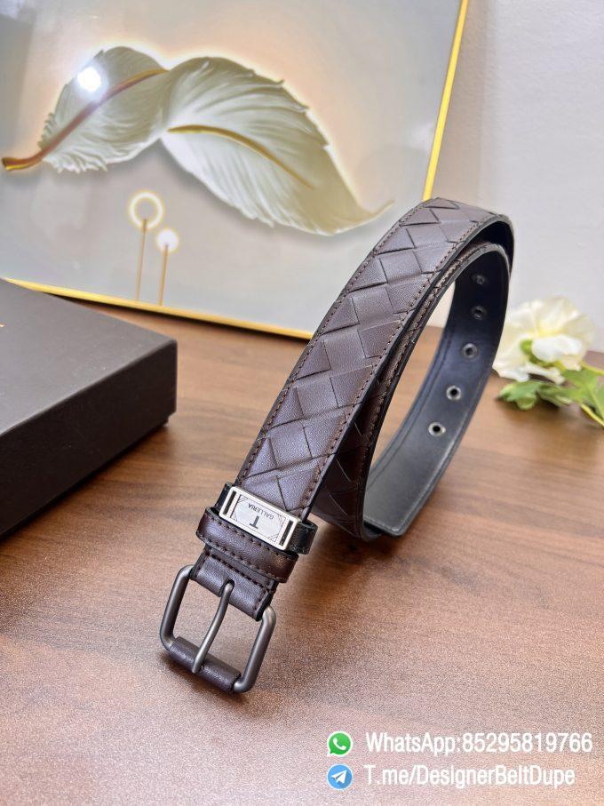 Designer Belt Dupe Brown 35mm Silver Sand Blast Prong Buckle Weaving Pattern Calf Skin Belt 6