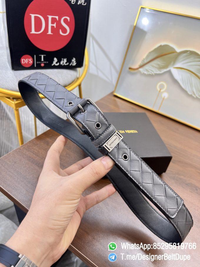 Designer Belt Dupe Gray 35mm Silver Sand Blast Prong Buckle Weaving Pattern Calf Skin Belt 01