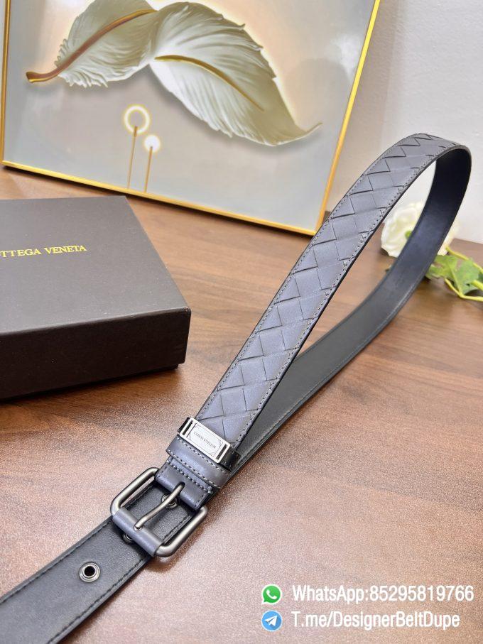 Designer Belt Dupe Gray 35mm Silver Sand Blast Prong Buckle Weaving Pattern Calf Skin Belt 05