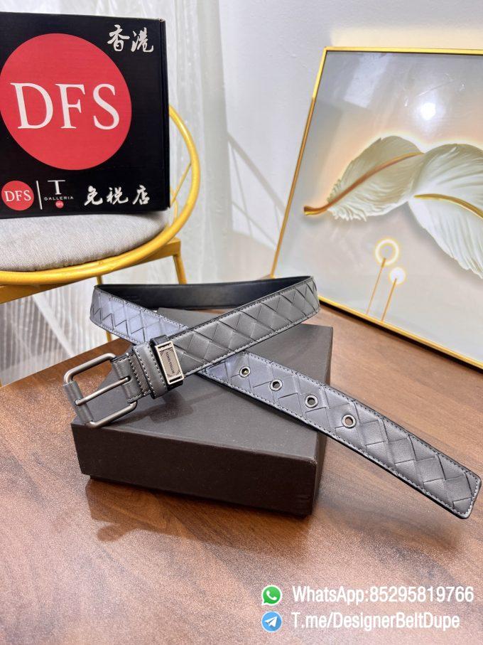 Designer Belt Dupe Gray 35mm Silver Sand Blast Prong Buckle Weaving Pattern Calf Skin Belt 06