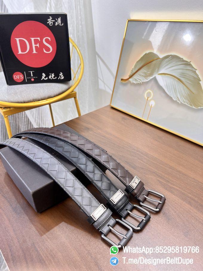 Designer Belt Dupe Gray 35mm Silver Sand Blast Prong Buckle Weaving Pattern Calf Skin Belt 07