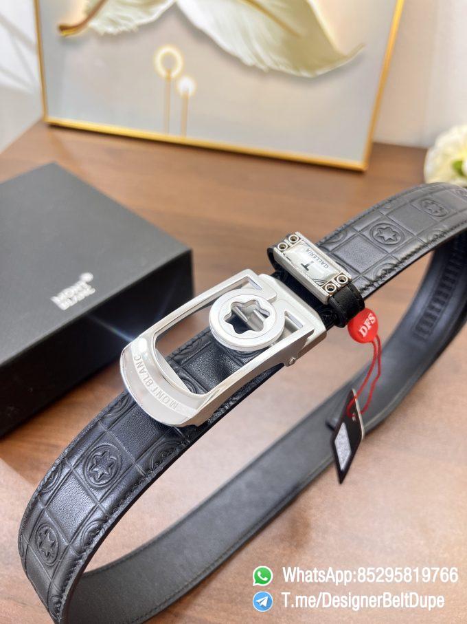 Designer Belt Dupes Black 35 mm Silver Frame Buckle Self adjustable Printed Leather Belt 01