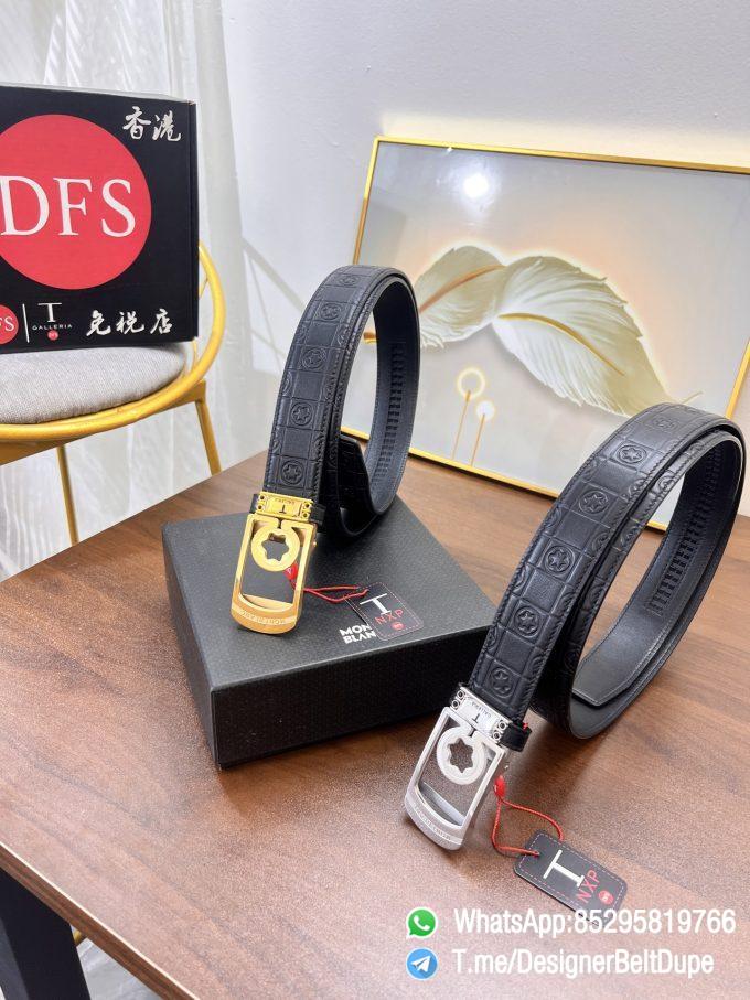 Designer Belt Dupes Black 35 mm Silver Frame Buckle Self adjustable Printed Leather Belt 07