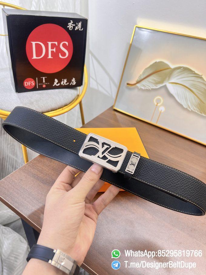 Designer Belt Dupes Black 38 mm Silver Inner through Box Frame Buckle Palm grain Leather Belt 01