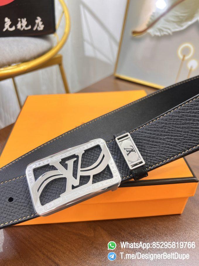 Designer Belt Dupes Black 38 mm Silver Inner through Box Frame Buckle Palm grain Leather Belt 02