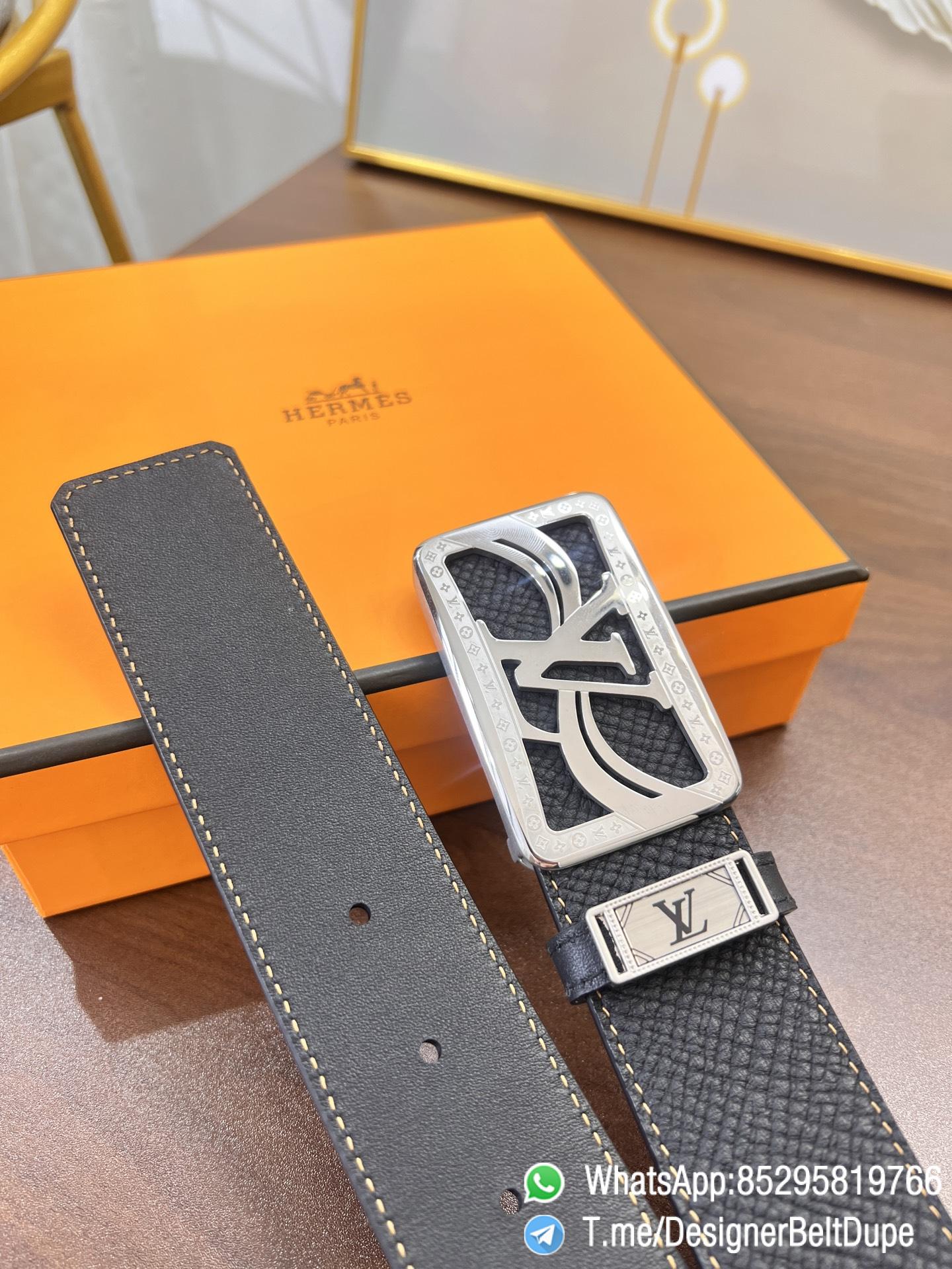 Designer Belt Dupes Black 38 mm Silver Inner through Box Frame Buckle Palm grain Leather Belt 03 Designer Belt Dupes Black 38 mm Silver Inner through Box Frame Buckle Palm grain Leather Belt 03