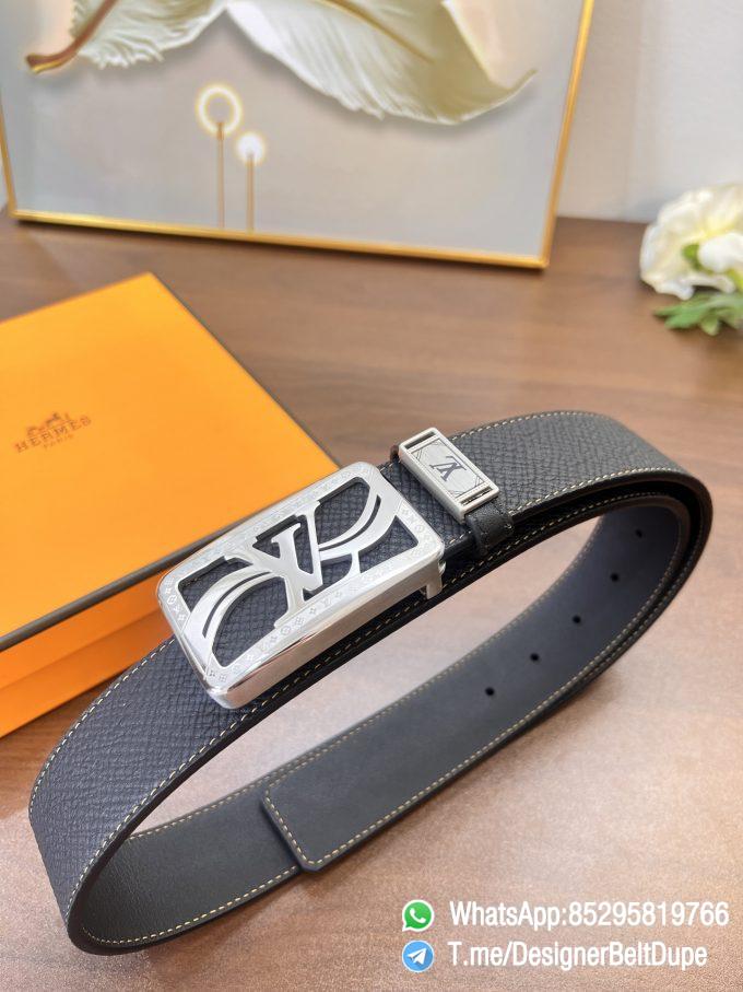 Designer Belt Dupes Black 38 mm Silver Inner through Box Frame Buckle Palm grain Leather Belt 04