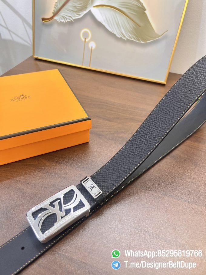 Designer Belt Dupes Black 38 mm Silver Inner through Box Frame Buckle Palm grain Leather Belt 05