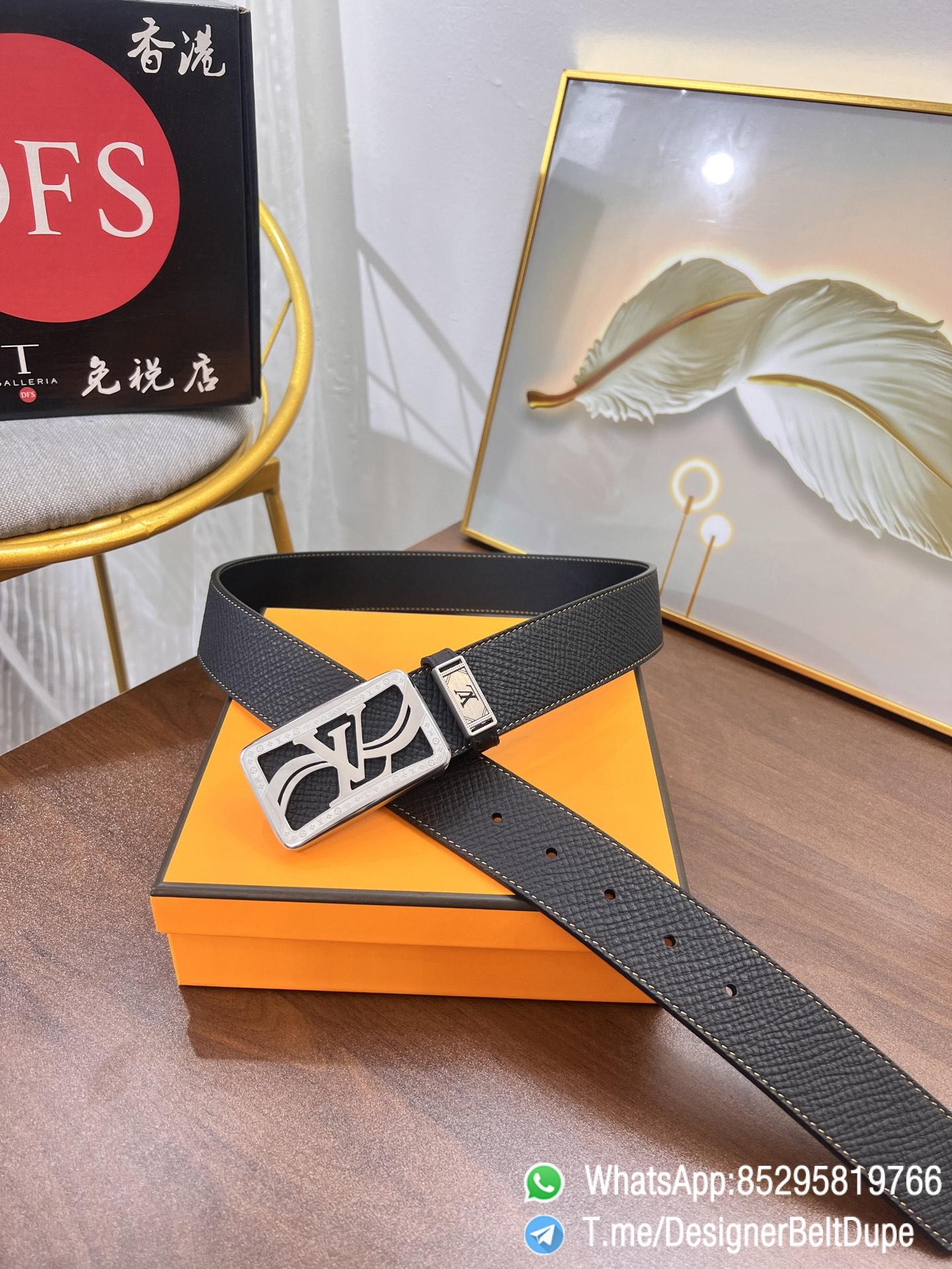 Designer Belt Dupes Black 38 mm Silver Inner through Box Frame Buckle Palm grain Leather Belt 06 Designer Belt Dupes Black 38 mm Silver Inner through Box Frame Buckle Palm grain Leather Belt 06
