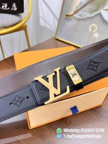 Designer Belt Dupes Blck 38 mm Yellow Gold PVD Inner through Box Frame Buckle Letter embossed Full grain Leather Belt 02