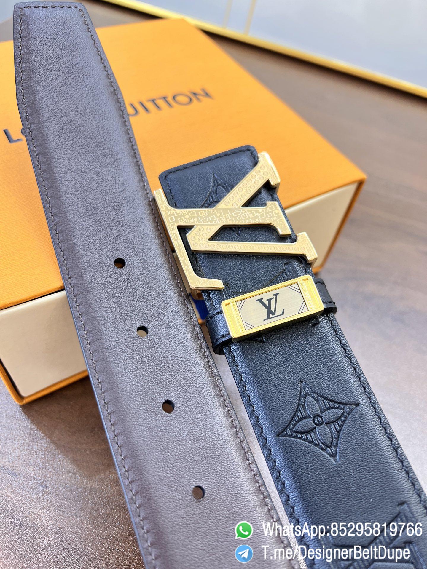 Designer Belt Dupes Blck 38 mm Yellow Gold PVD Inner through Box Frame Buckle Letter embossed Full grain Leather Belt 03 Designer Belt Dupes Blck 38 mm Yellow Gold PVD Inner through Box Frame Buckle Letter embossed Full grain Leather Belt 03