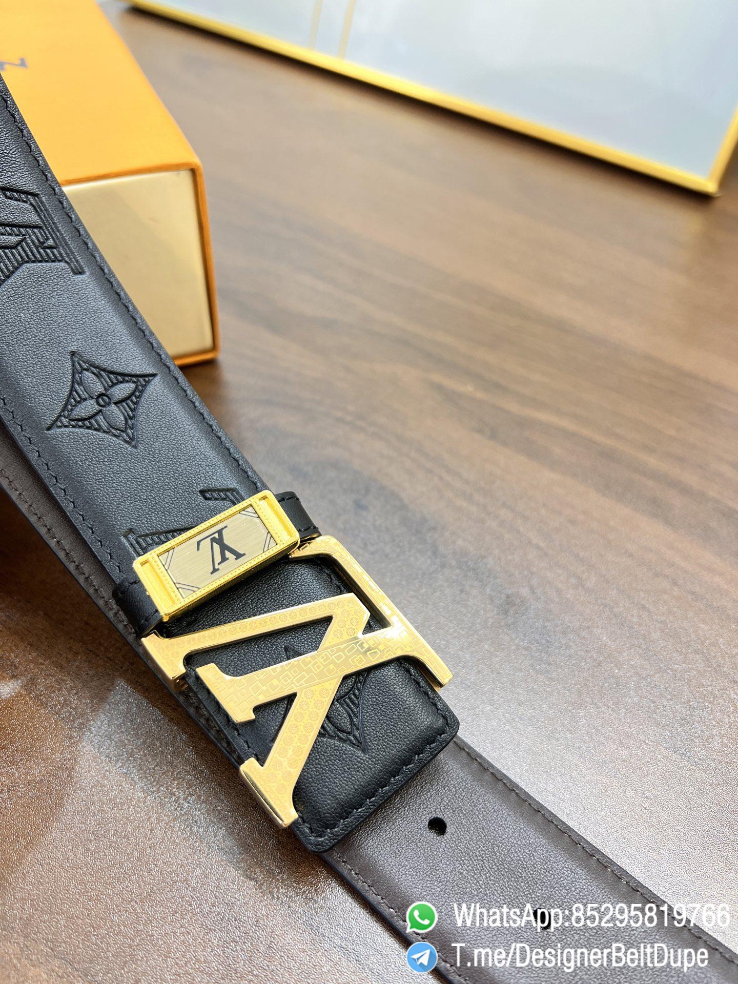 Designer Belt Dupes Blck 38 mm Yellow Gold PVD Inner through Box Frame Buckle Letter embossed Full grain Leather Belt 04 Designer Belt Dupes Blck 38 mm Yellow Gold PVD Inner through Box Frame Buckle Letter embossed Full grain Leather Belt 04