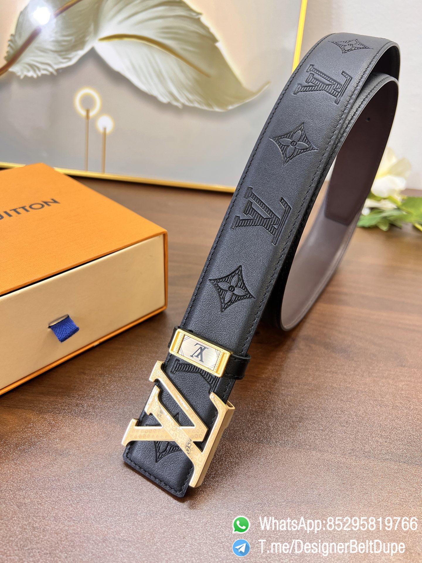 Designer Belt Dupes Blck 38 mm Yellow Gold PVD Inner through Box Frame Buckle Letter embossed Full grain Leather Belt 05 Designer Belt Dupes Blck 38 mm Yellow Gold PVD Inner through Box Frame Buckle Letter embossed Full grain Leather Belt 05