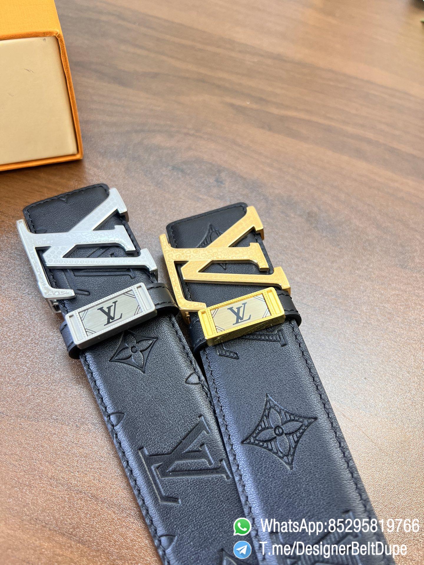 Designer Belt Dupes Blck 38 mm Yellow Gold PVD Inner through Box Frame Buckle Letter embossed Full grain Leather Belt 07 Designer Belt Dupes Blck 38 mm Yellow Gold PVD Inner through Box Frame Buckle Letter embossed Full grain Leather Belt 07