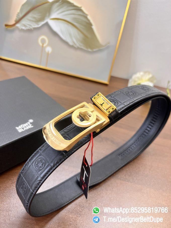 Designer Belt Dupes Montblanc Black 35 mm Yellow Gold PVD Buckle Self adjustable Leather Belt 01