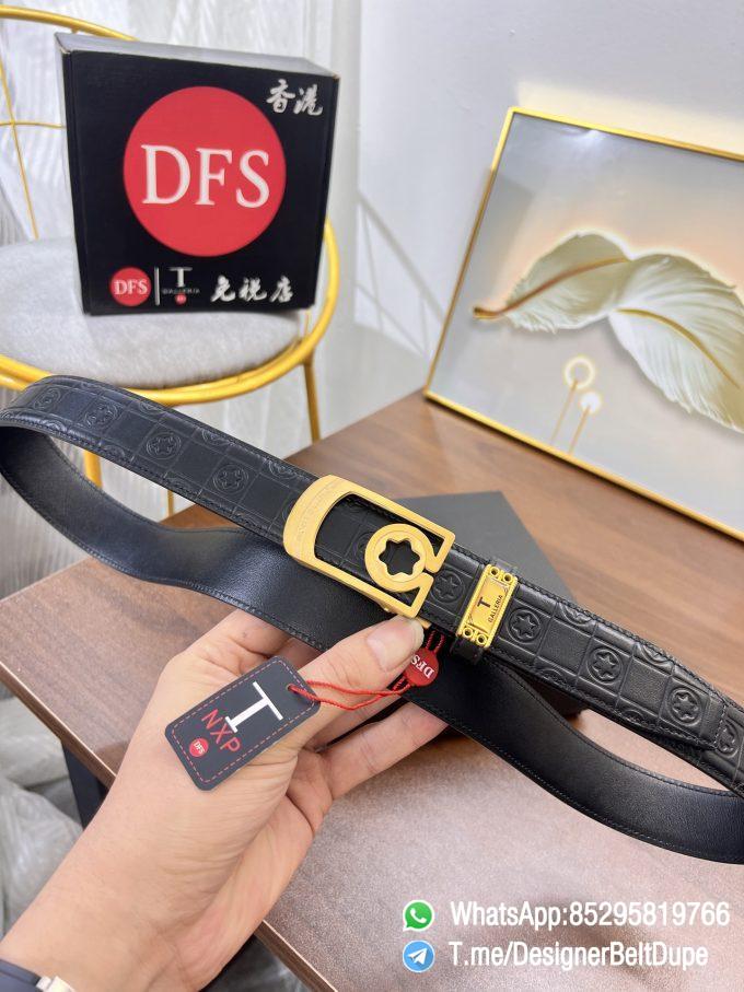 Designer Belt Dupes Montblanc Black 35 mm Yellow Gold PVD Buckle Self adjustable Leather Belt 02