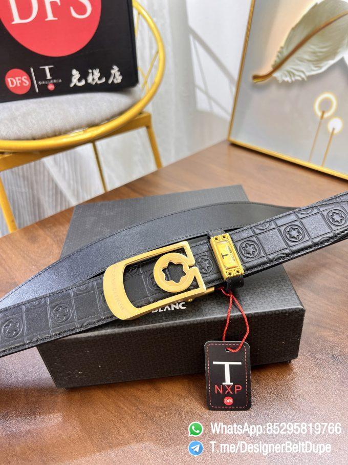 Designer Belt Dupes Montblanc Black 35 mm Yellow Gold PVD Buckle Self adjustable Leather Belt 03