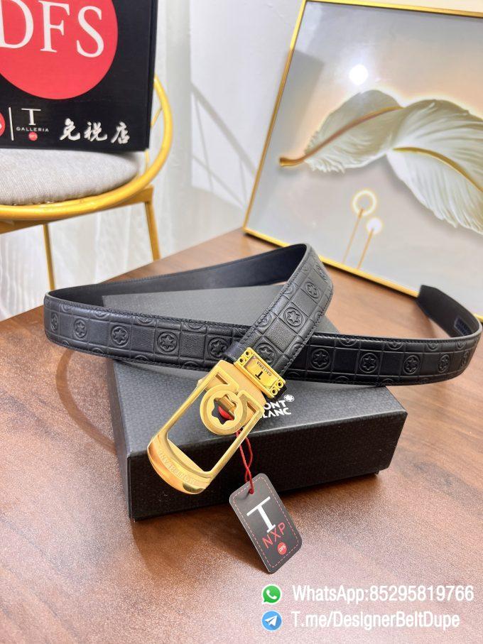 Designer Belt Dupes Montblanc Black 35 mm Yellow Gold PVD Buckle Self adjustable Leather Belt 04