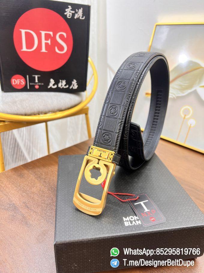 Designer Belt Dupes Montblanc Black 35 mm Yellow Gold PVD Buckle Self adjustable Leather Belt 05